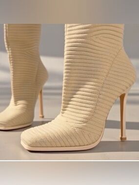 ✨ EGO Square Toe Textured Ribbed Knit Sock Stiletto Booties Beige / Cream